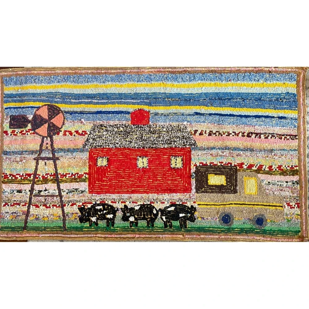 VTG Boho Grandma Cottage Core Rug Folk Art Hooked Farm Red Barn 46.75